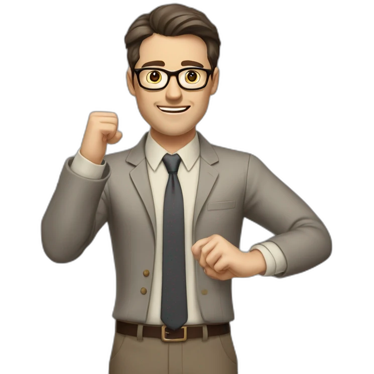 To belt Actively gesturing with hands Pale skinned fit man with dark brown hair in gray jacket, beige office shirt, brown tie, brown pants and vintage glasses. emoji