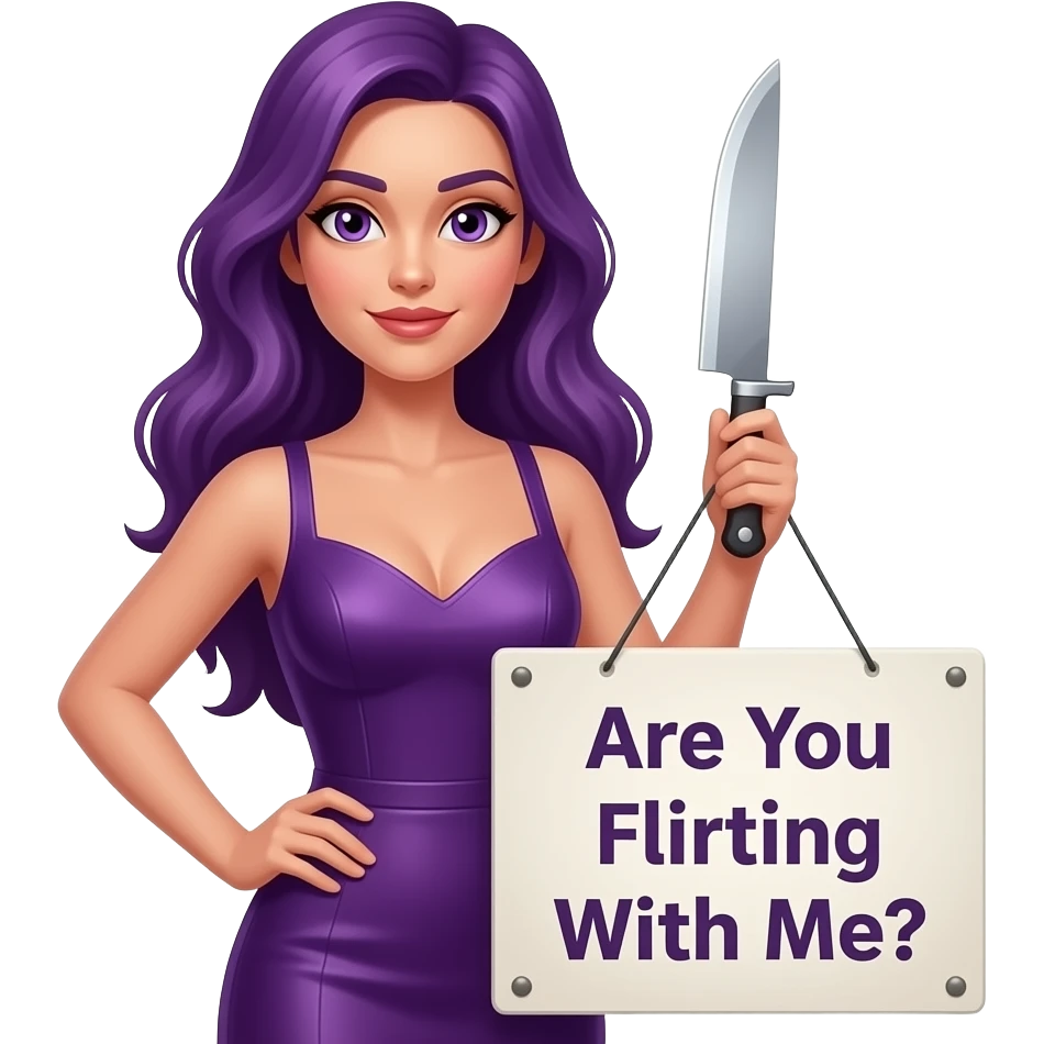 sexy girl with long purple hair and purple eyes wearing a sexy dress holding a A KNIFE? Are You Flirting With Me? sign emoji