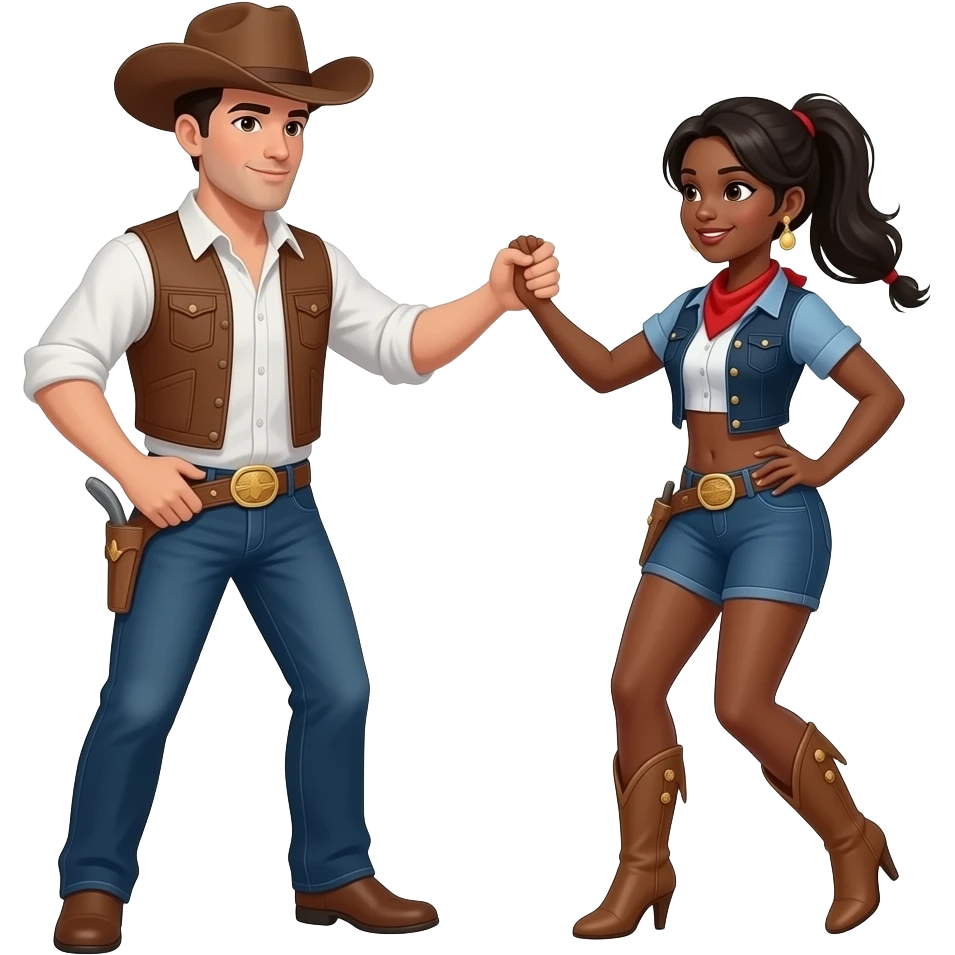 White skin cowboy man without facial hair with black skin cowgirl woman dancing with each other emoji