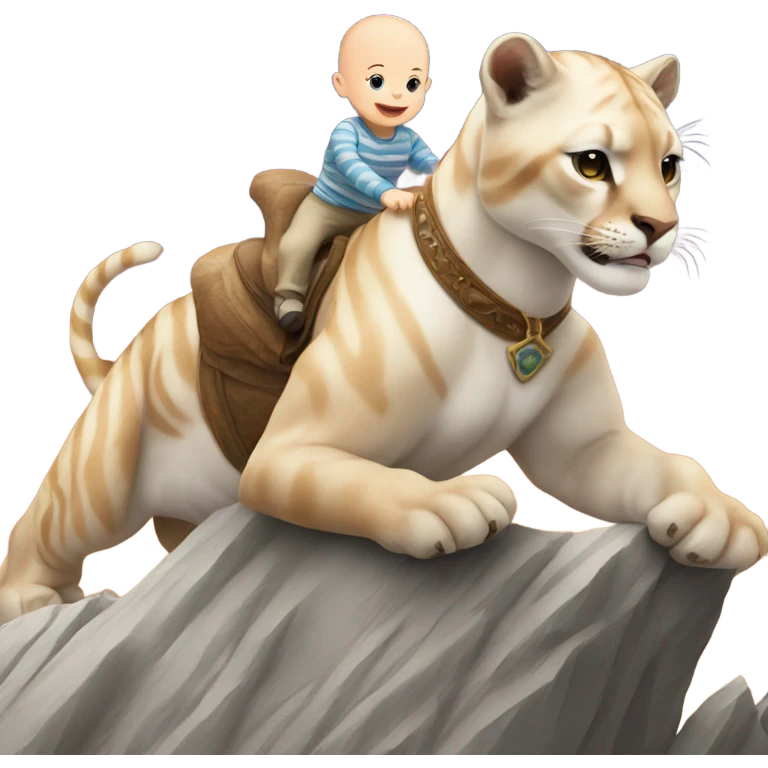 bald white baby riding on a striped mountain lion emoji