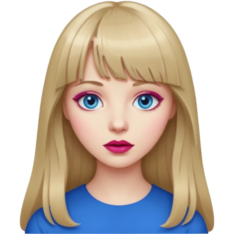 Woman with long dark blond hair and bang, blue eyes, raspberry lip  emoji emoji