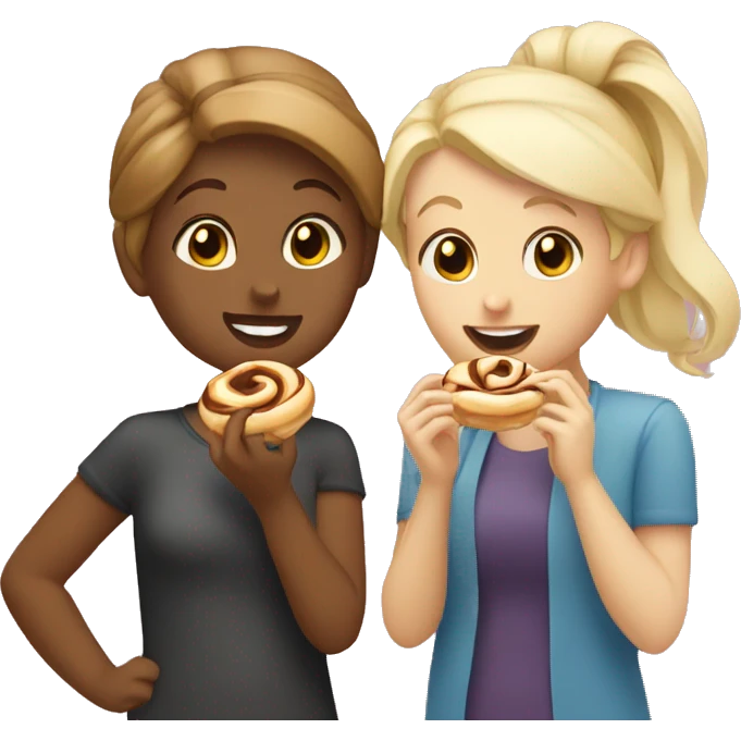Two friends one blonde one brunette eating cinnamon roll emoji