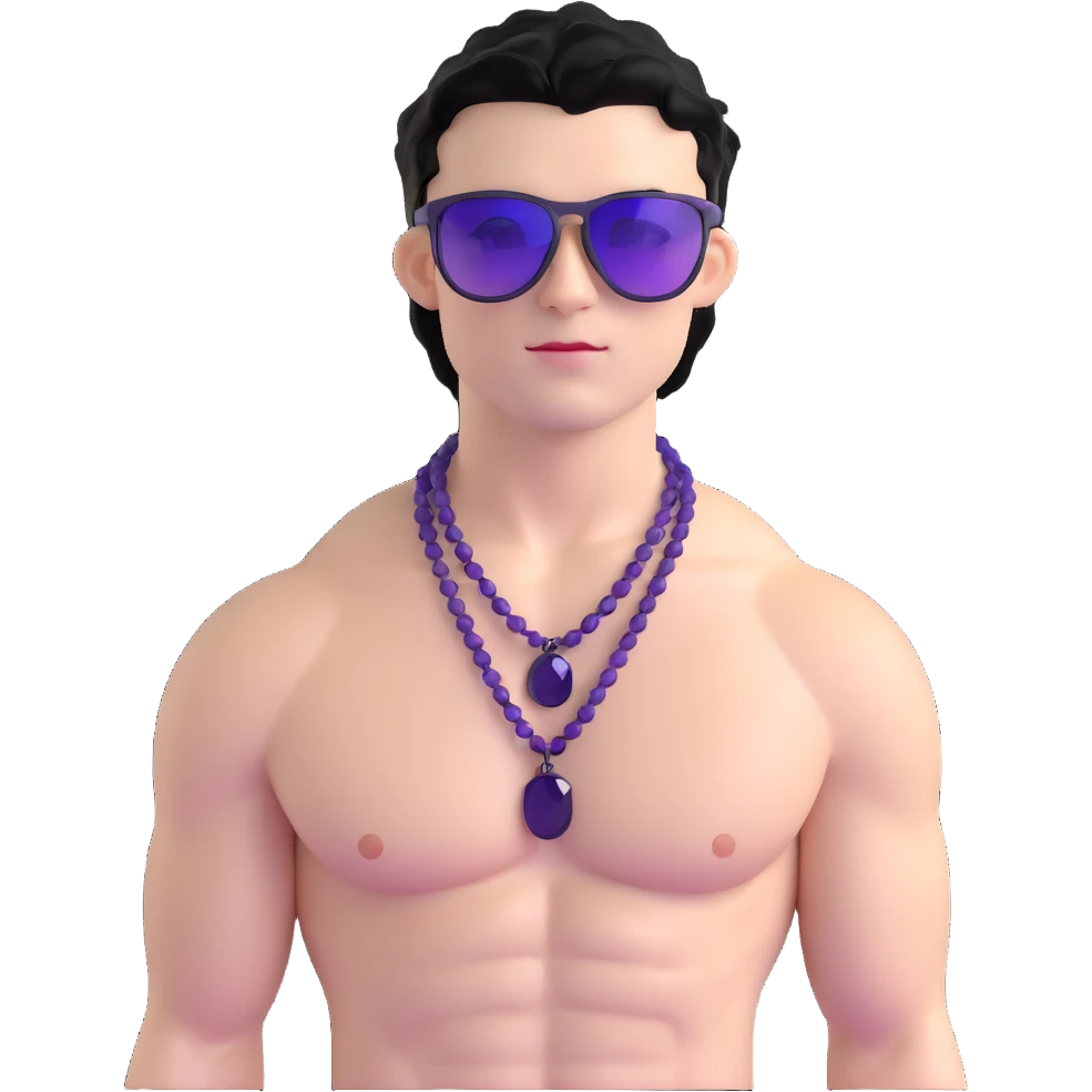 shirtless male athlete with white skin and moderately curly black hair on top with shaved sides, wearing purple sunglasses with black tinted lenses and a shiny black necklace emoji