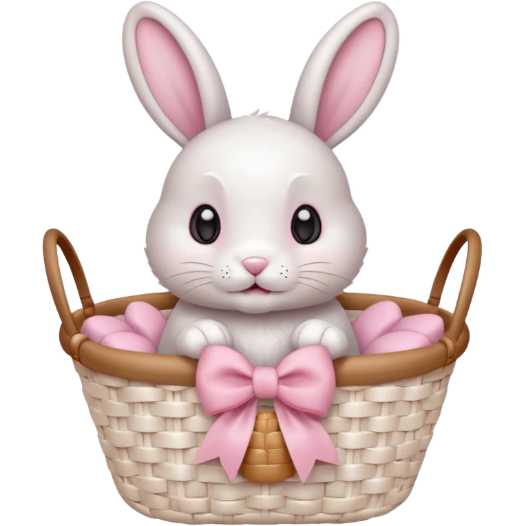 light pink bow on a beige white wooven basket. A bunny with its paws a bit out and sift white fur cute eyes emoji