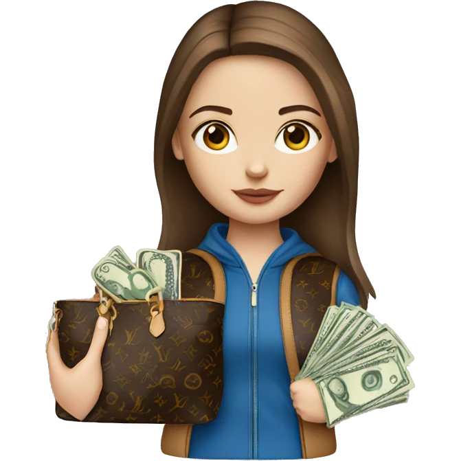 Girl with brown hair and blue eyes wearing louis vuitton bag with money emoji