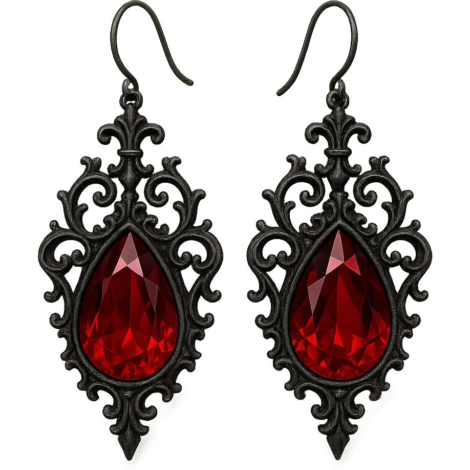 goth earrings, red gemstone teardrop, ornate black metal, romantic gothic emoji