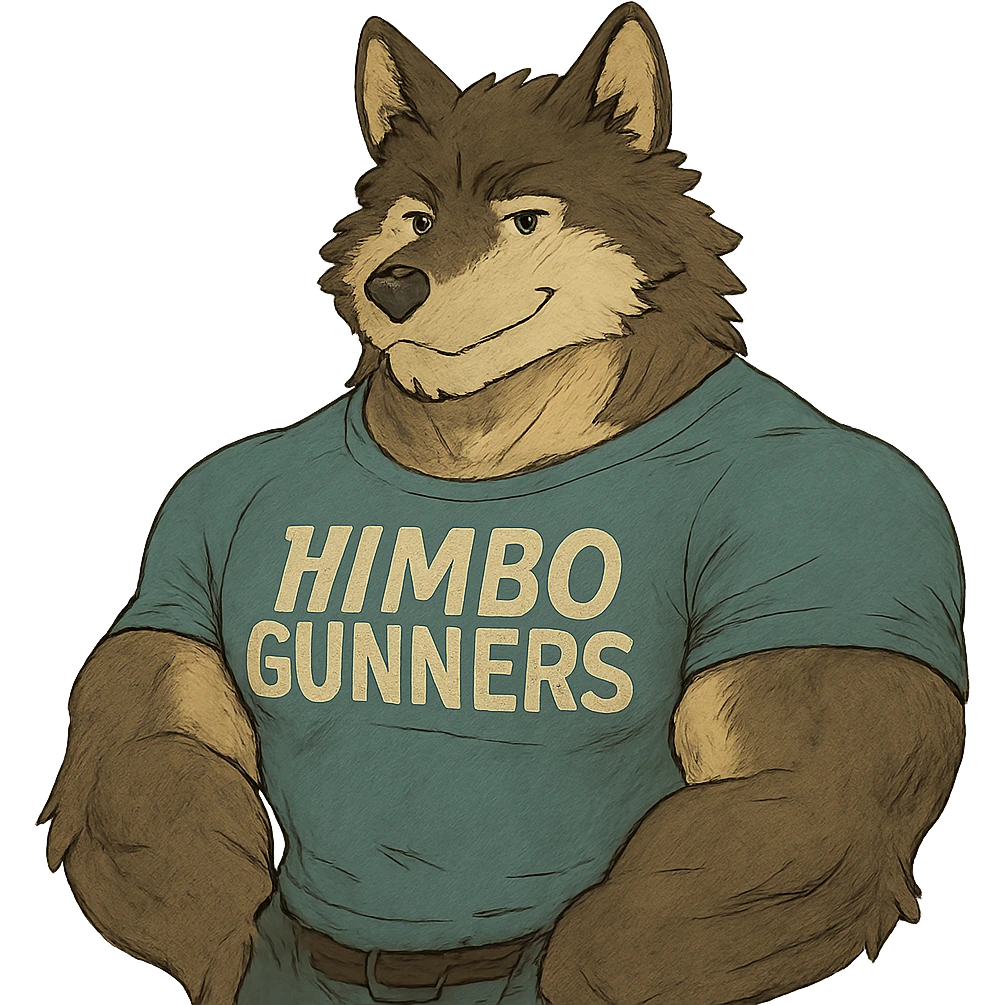 muscular wolf furry wearing a t-shirt that says 'Himbo gunners' emoji