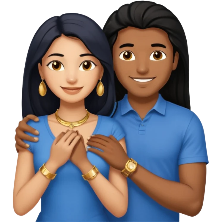 smiling embracing interracial couple from waist up. ebony woman with long hair and jewelry. brazillian man short hair wearing blue. emoji