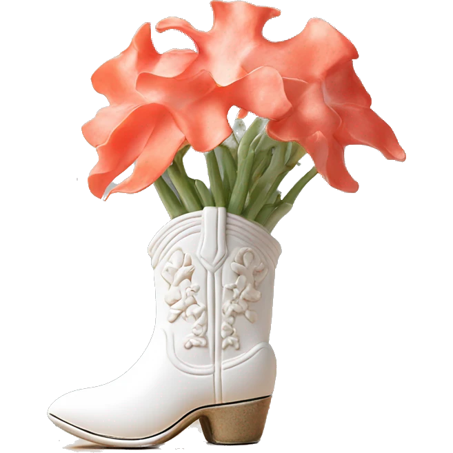 White cowgirl boot vase with coral sticking out of it emoji