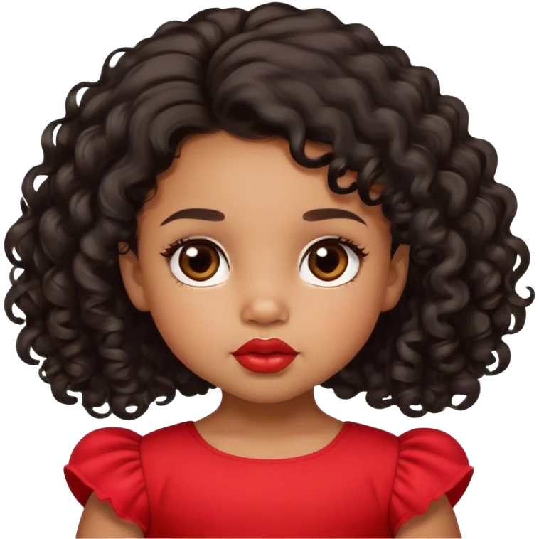 light brown skin tone, very adorable toddler, with big plump lips, long long lashes, black curly hair, middle hair parting, brown eyes, red dress emoji
