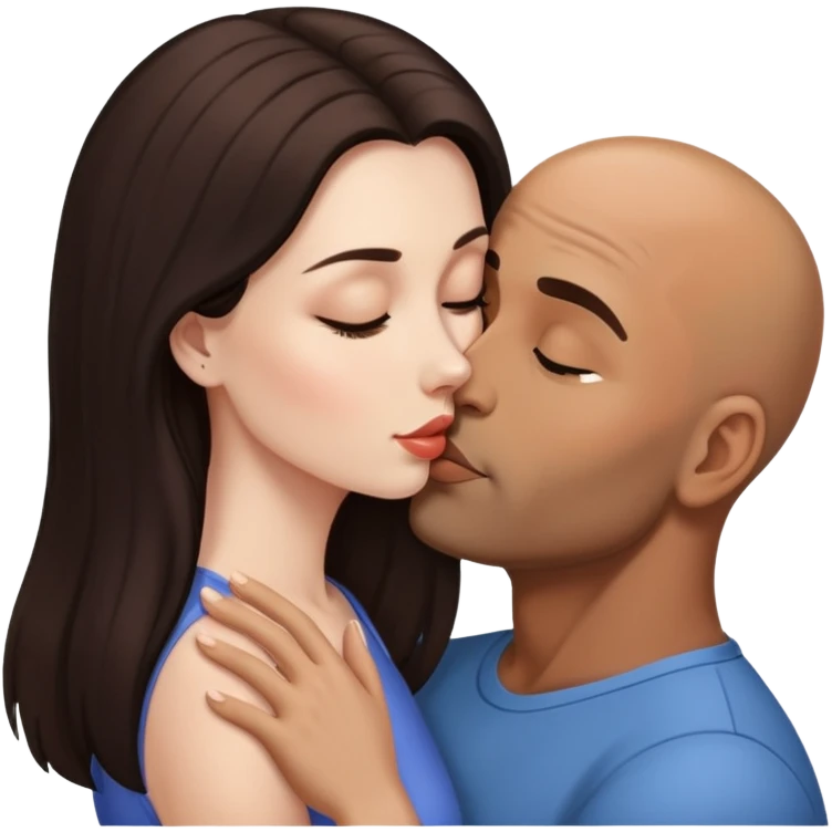 Beautiful woman with long dark hair, kissing a brown bald man emoji
