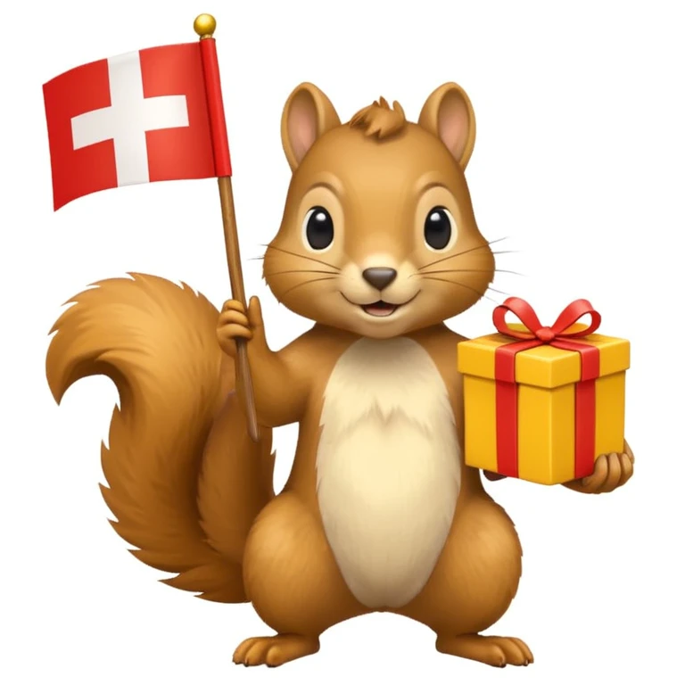 a squirrel holding a yellow gift box in one hand and a Swiss flag in the other, both objects clearly visible, simple white background emoji