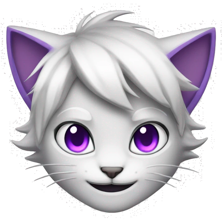 White hair catboy cat ears, purple eyes, smiling emoji