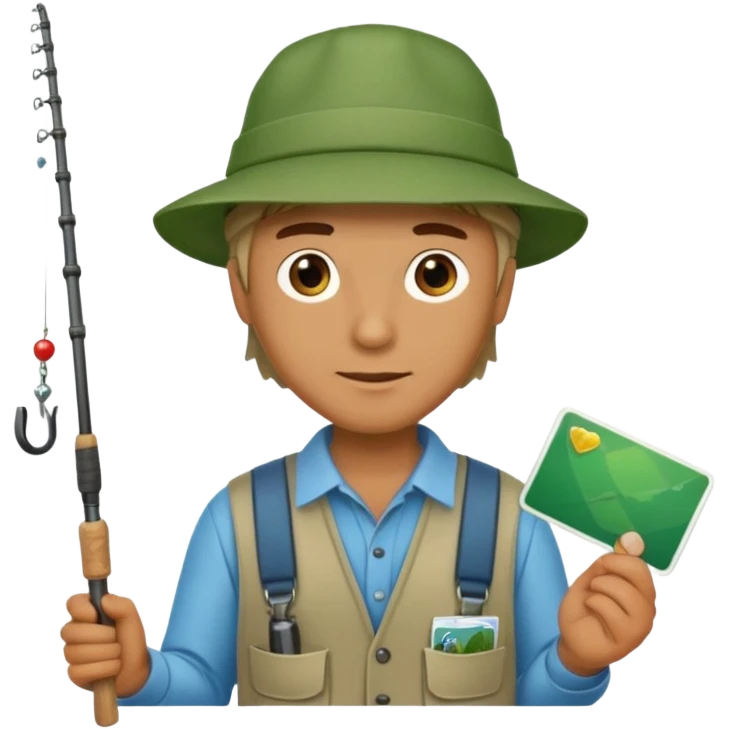 A man holding a fishing rod with a green card on the hook emoji