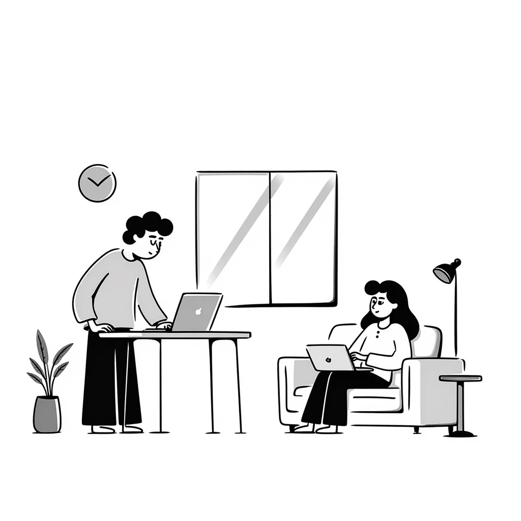 escenary 3d of a cozy mid-century living room with two people working on laptops, one man standing at a desk and one woman sitting on a couch, two walls and floor visible emoji