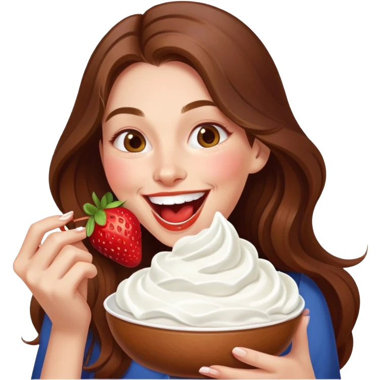 woman with long brown hair eating strawberries with  whipped cream, laughing elegant cute emoji