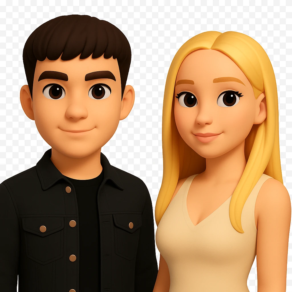 Slightly increase the volume of the upper body of the girl, separate the girl and the boy from each other, make the skin color the same for both characters. Maintain the cartoonish 3D style as in the reference image, with a transparent background. emoji