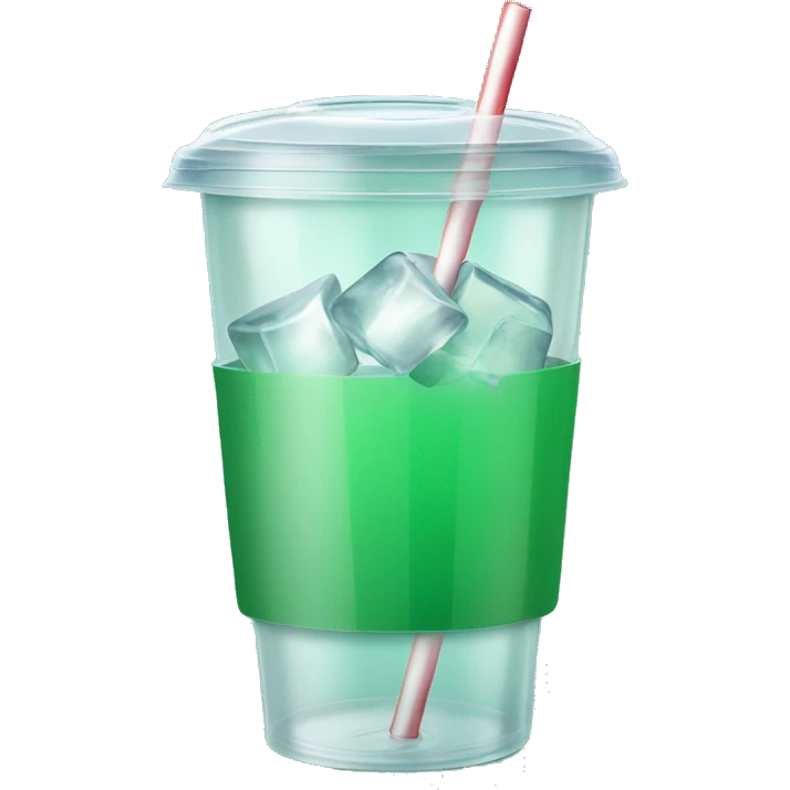 Realistic plastic cup and lid with half full Transluscent dark mint green and large ice cubes inside and one straw through the top of the lid. emoji