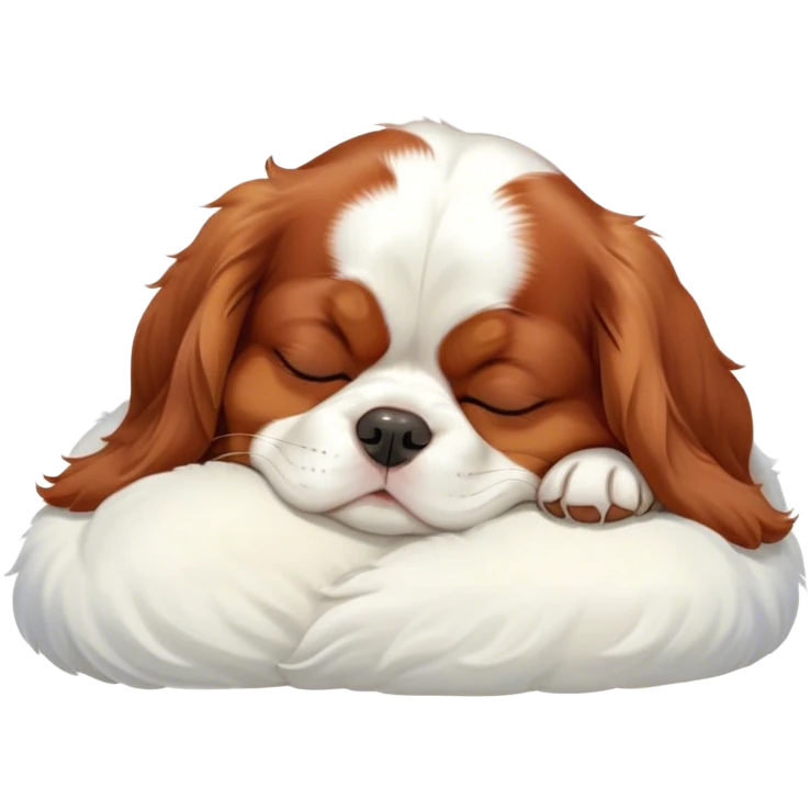 Cinematic Chubby Sleeping Cavalier King Charles Spaniel Portrait Emoji, Chubby and serene, with a round, endearing build and a plush, silky coat of rich chestnut and white, eyes gently closed in peaceful slumber, Simplified yet irresistibly endearing features, highly detailed, glowing with a gentle, dreamy glow, high shine, relaxed and content, stylized with a touch of whimsy, bright and heartwarming, soft glowing outline, capturing the essence of a blissfully sleepy companion, so comically serene it feels like it could roll out of the screen and snore with adorable charm! emoji