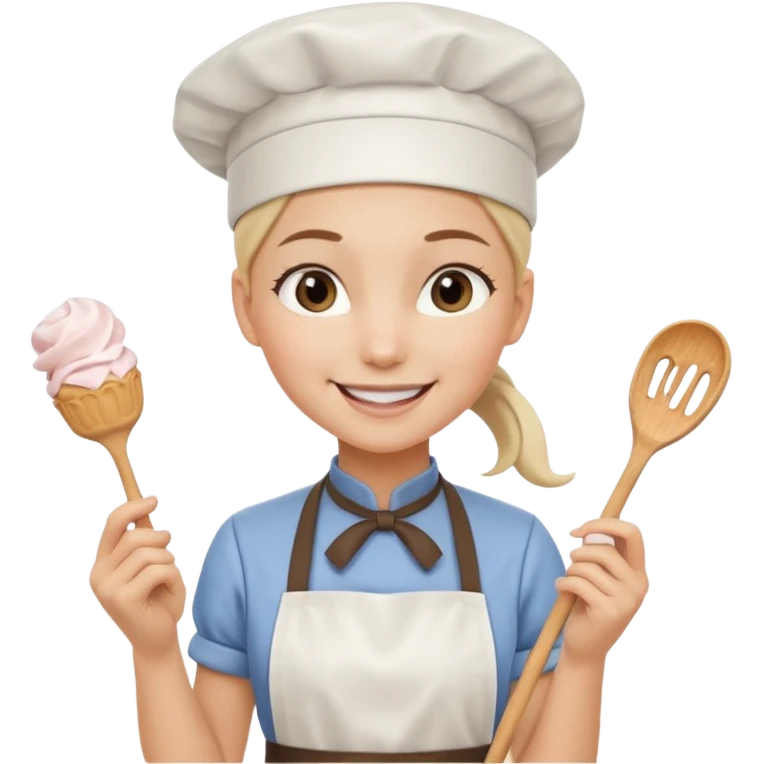 Young female pastry chef - ponytail, apron, wearing a white hat, holding a cream piping bag emoji