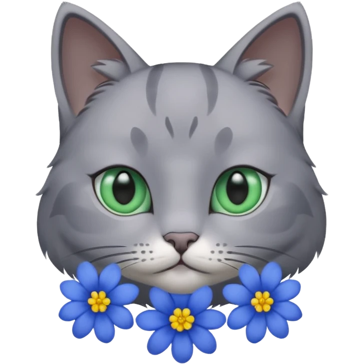 A gray cat with a blue flower emoji