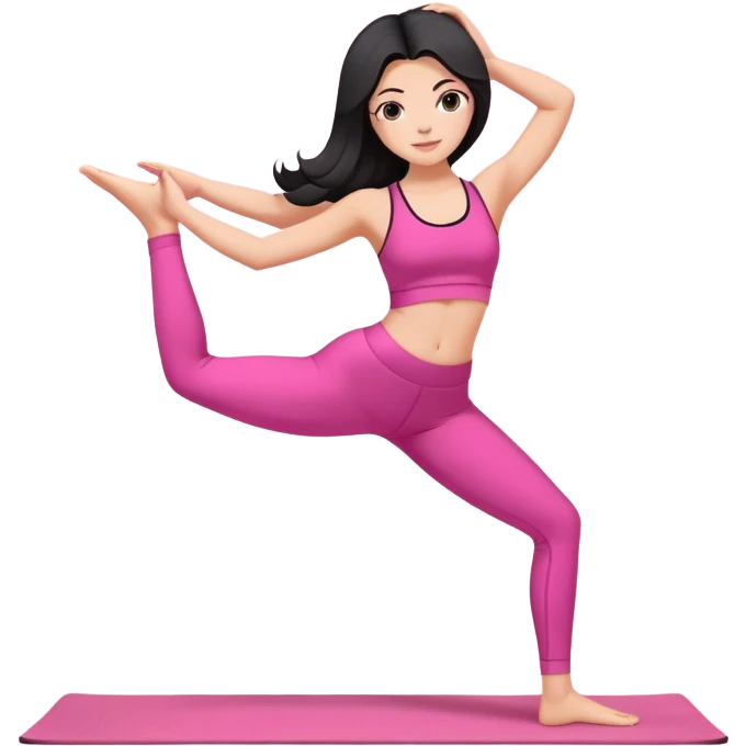 Fazendo Yoga uma menina com cabelo preto um pouco abaixo do ombro,  com top rosa e calça rosa  emoji