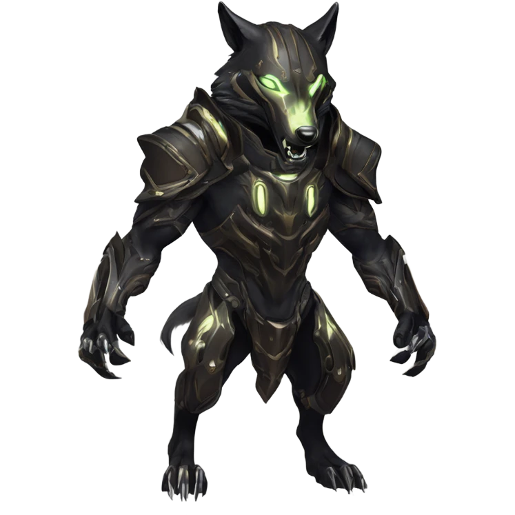 Warframe-inspired wolf Warframe with sleek biomechanical armor, a snarling wolf-like helmet, glowing eyes, and clawed gauntlets. Dark metallic colors with glowing energy lines, blending feral agility and deadly stealth. emoji