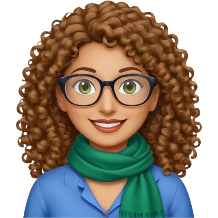40 yr old Iranian woman, light brown very curly thick hair, shoulder length hair, green eyes, tan skin, big smile, big glasses, blue dress shirt with white scarf on neck emoji