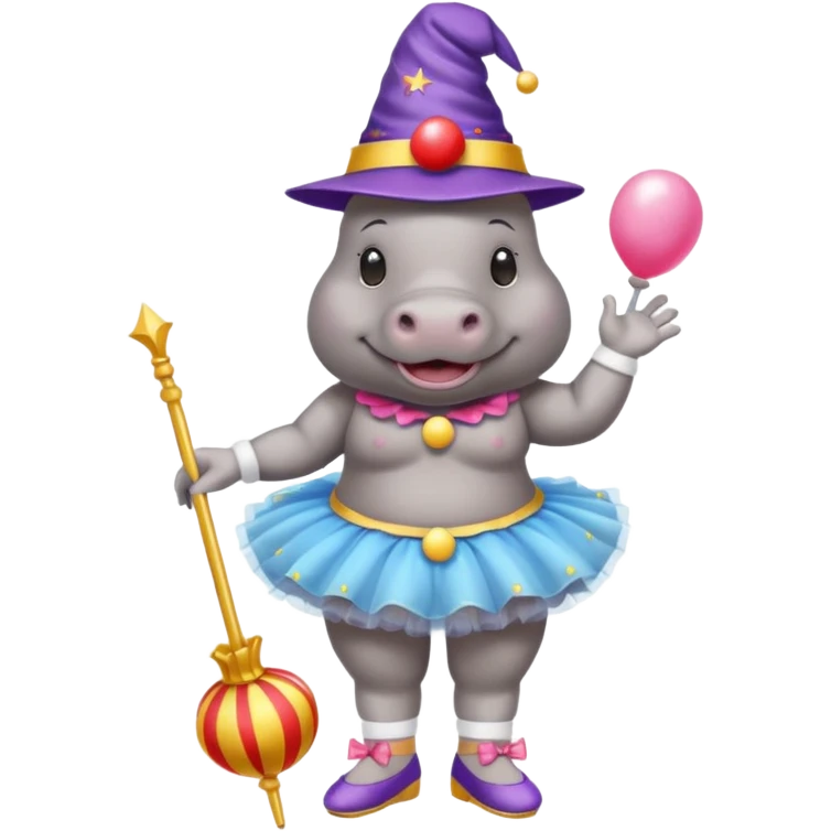 Hippo with a clown nose, a wizard hat, a ballerina tutu, a bikini, sandels and white socks  emoji