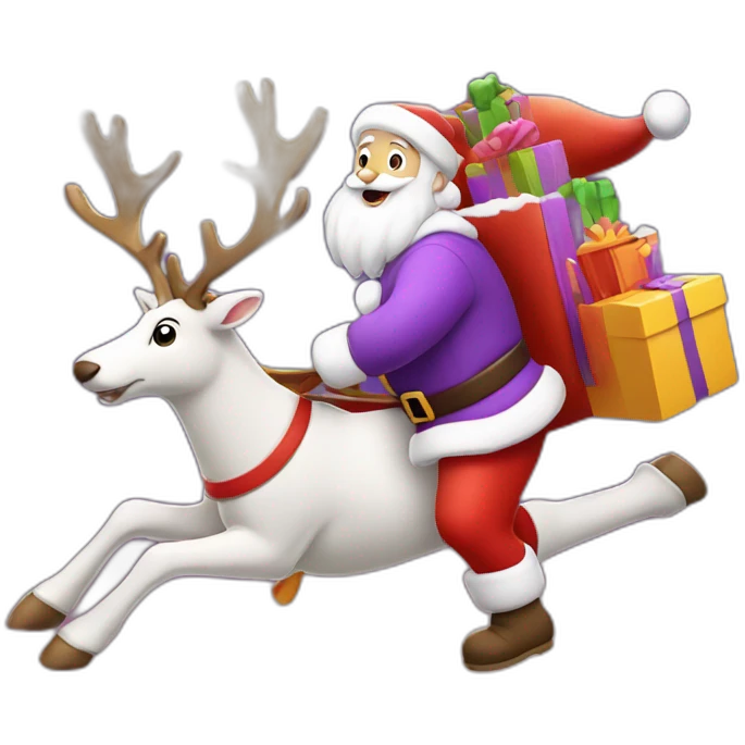Santa Claus dressed in purple running with the reindeer to deliver the presents emoji