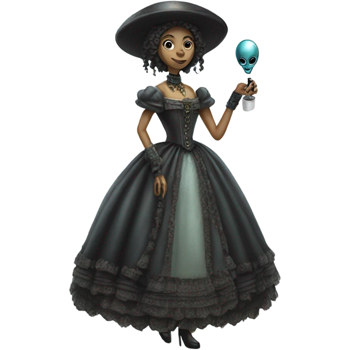 alien galora in Victorian dress elegant, full body, holding usb key emoji