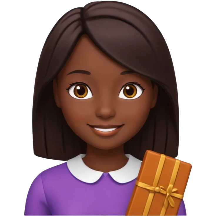 Boneca digital em estilo 3D realista e fofo, semelhante a uma boneca colecionável. Mulher jovem com pele negra, olhos castanhos escuros, cabelo liso cor chocolate, longo e bem alinhado.  emoji