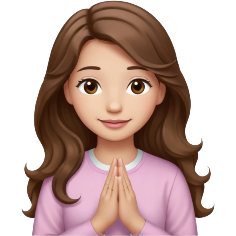 girl with wavy long brown hair, brown eyes, light to medium complexion, long lashes, light pink lipstick, praying, smiling, wearing light pink shirt emoji