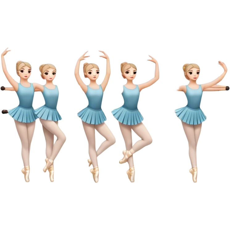 Icon for Choreography: a group of dancers in identical poses by a wall with mirrors, holding a long barre with one hand, and a teacher standing at the side. The icon should represent the discipline, synchronization, and guidance in dance training. Transparent background. emoji