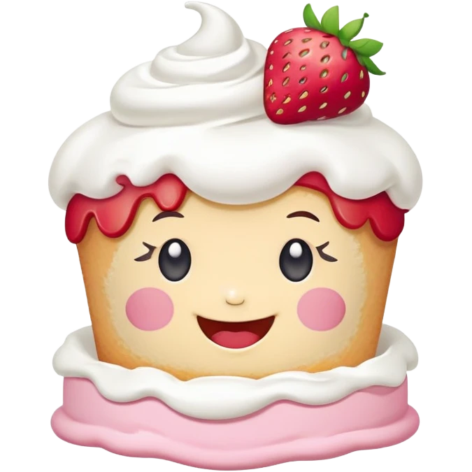 kawaii strawberry shortcake with whipped cream and a happy face emoji