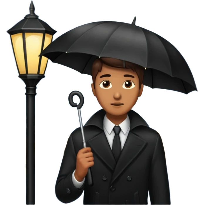 Man with umbrella + streetlight reflection, Midnight Wanderer. emoji
