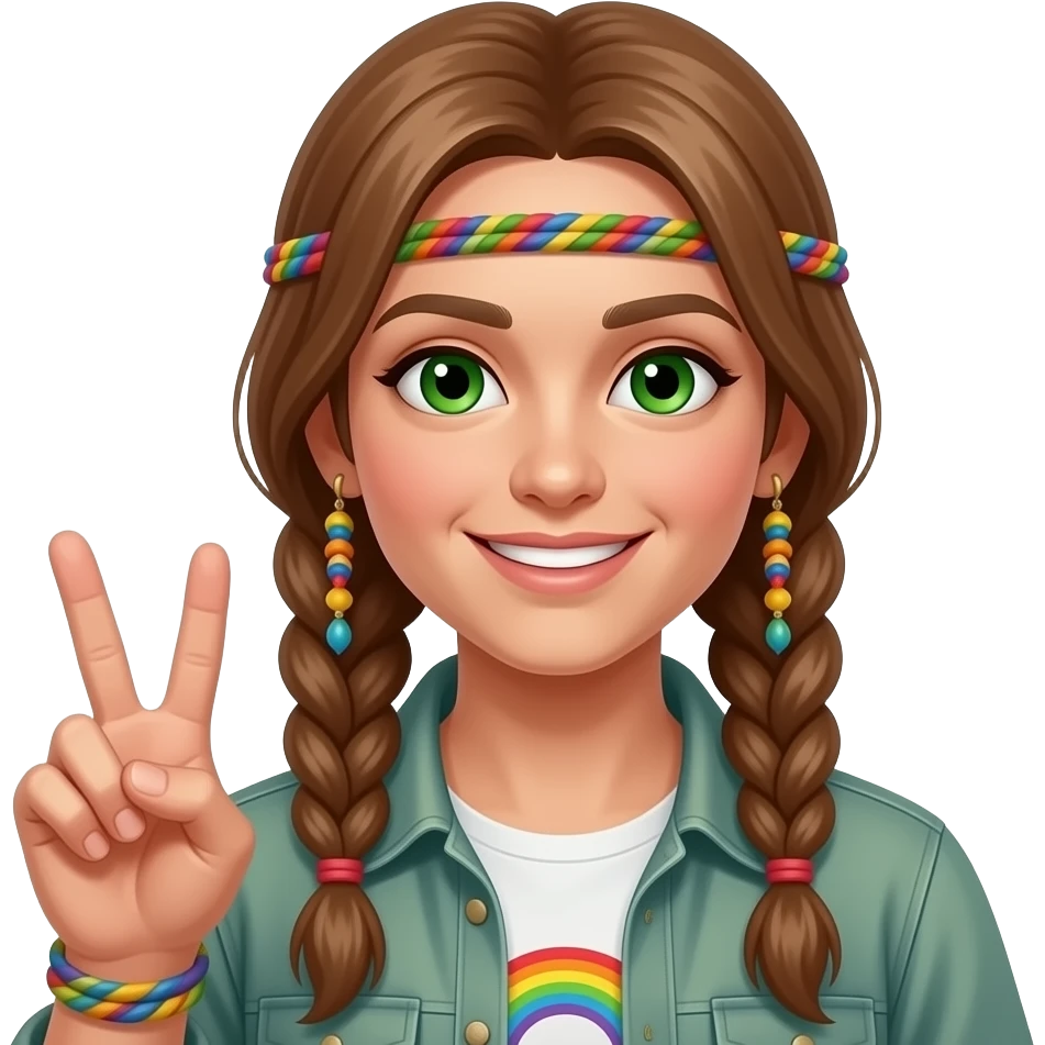 Rainbow Hippie light brown hair with braids holding peace sign fingers with green eyes emoji
