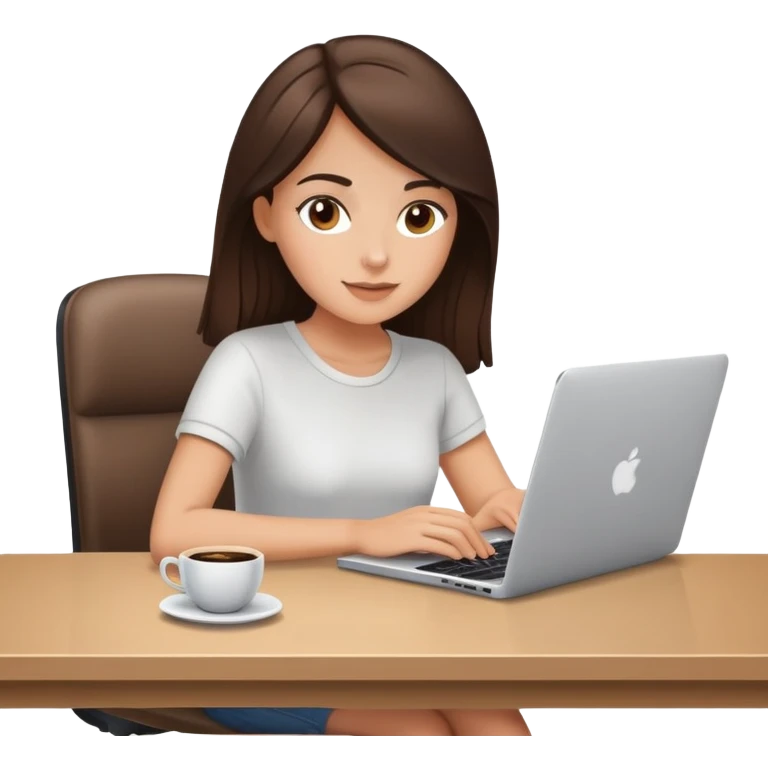 white brunette girl with laptop and coffee sitting at desk emoji