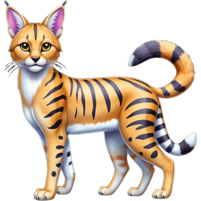 Colorful cartoon bright shiny vibrant iridescent neon tropical exotic anime Striped and spotted Lynx-Caracal-Serval-hybrid full body emoji