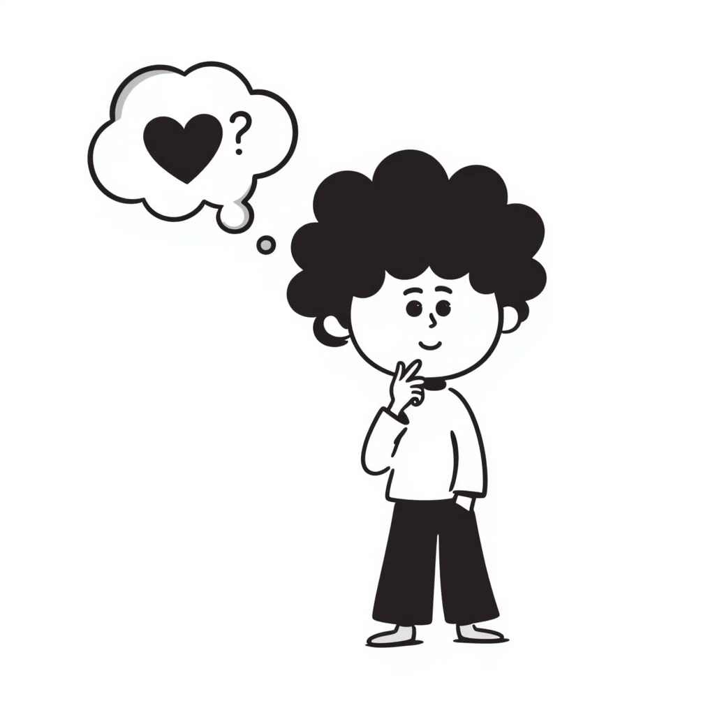 boy with hand on chin, thought bubble with a heart and question mark, simple lines emoji