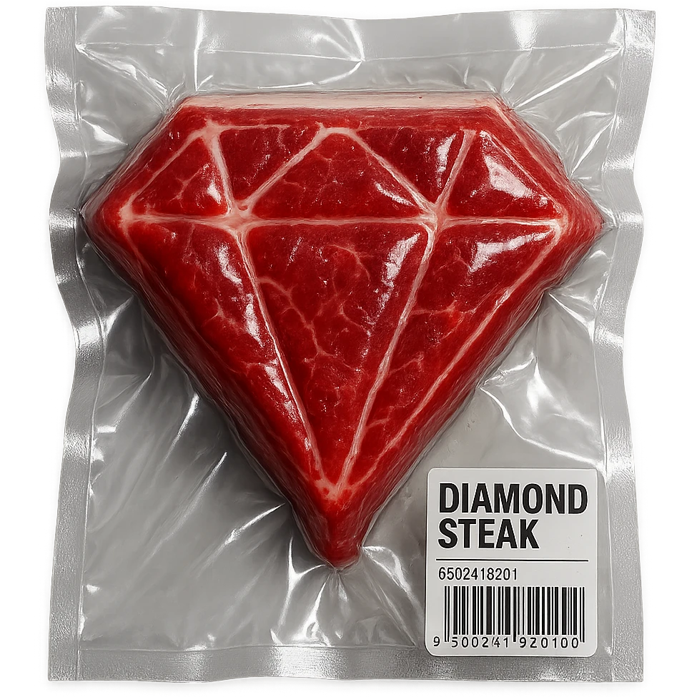 steak shaped like a diamond, extra glossy and puffy vacuum-sealed style emoji