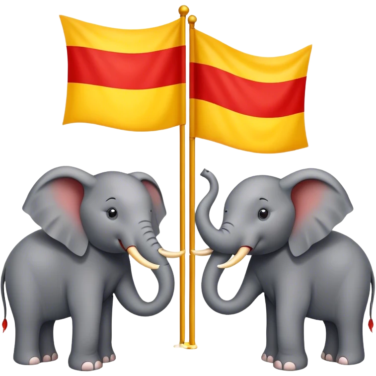A flag with three even parts first part in red colour and second part in yellow colour and third part with red colour and two elephants in the centre part of the flag and a round shaped figure emoji