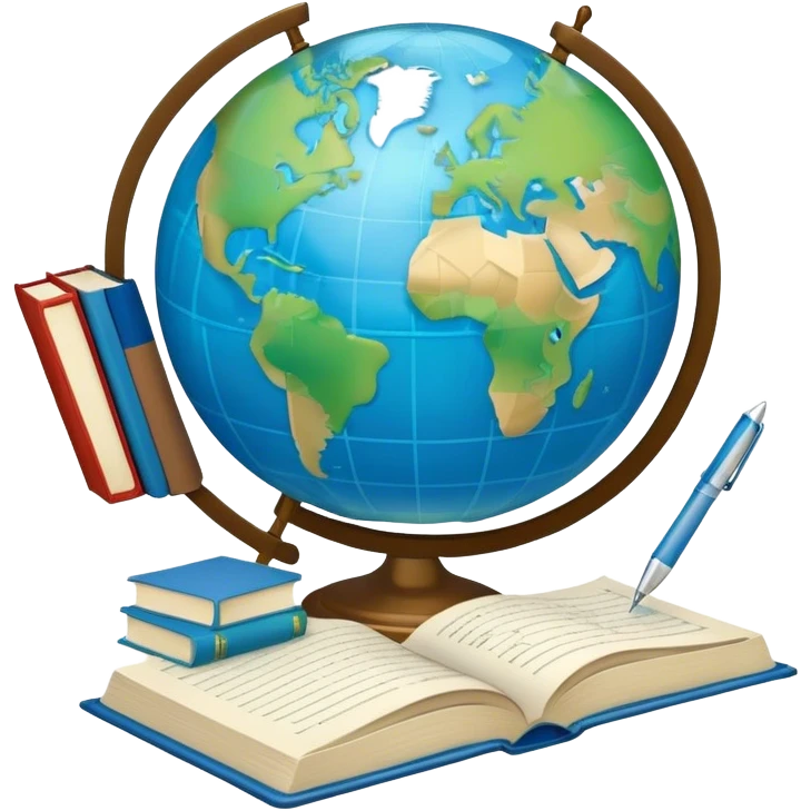 Create an emoji representing language translation. The design should feature a single globe in the background, symbolizing international communication. In front of the globe, place two books, with texts in it and a pen nearby to indicate the act of writing. Use a clean and professional color palette with blues, greens, and neutral tones. Do not include any emojis or smiley faces. Make the background transparent emoji