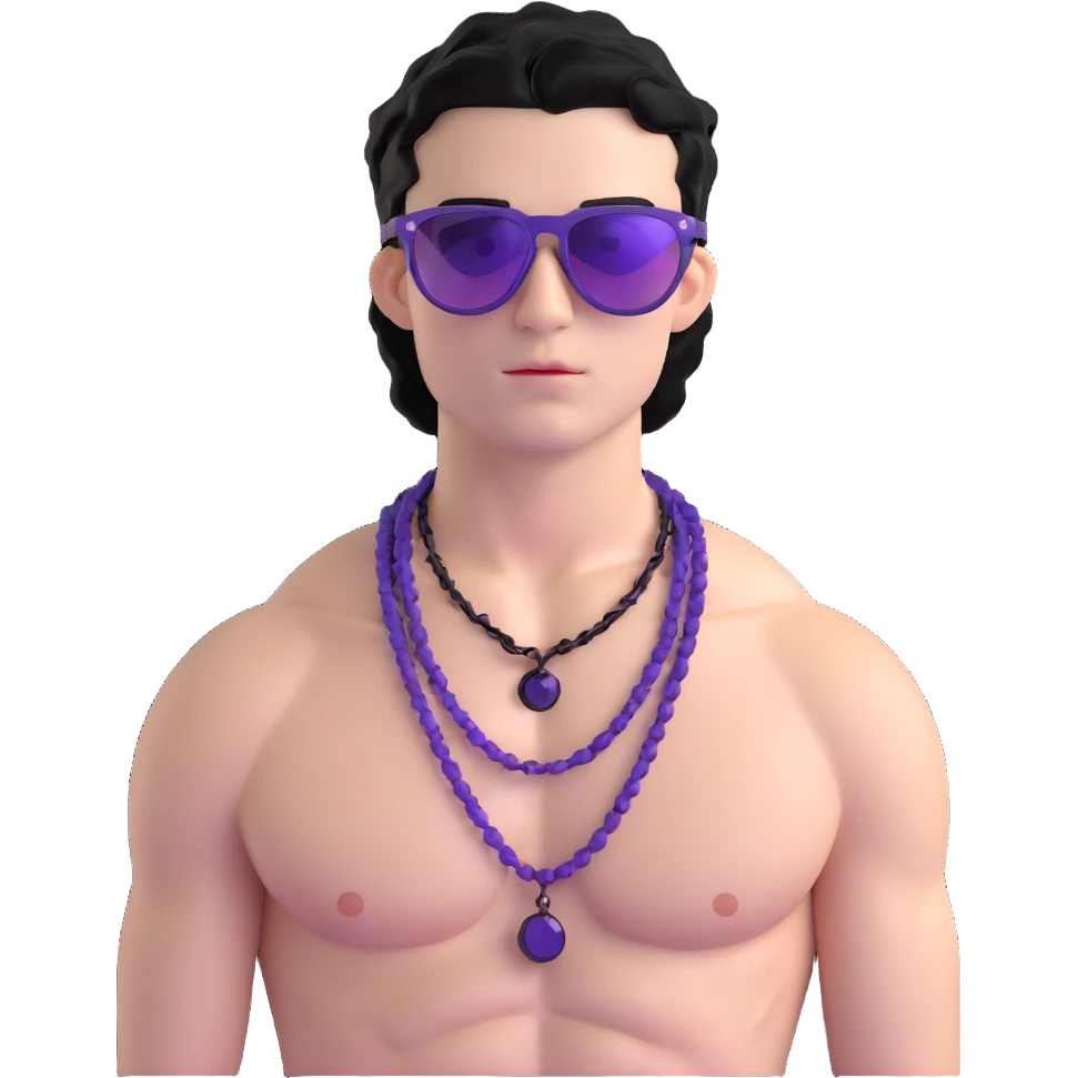 shirtless male athlete with white skin and moderately curly black hair on top with shaved sides, wearing purple sunglasses with black tinted lenses and a shiny black necklace emoji
