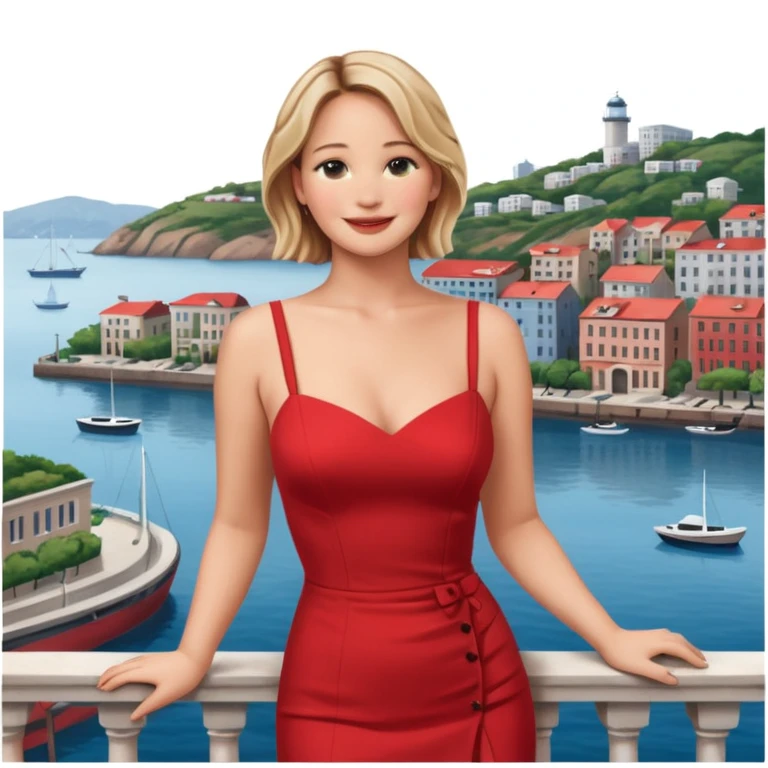 jennifer lawrence, red dress leaning on a balcony with a harbor and cityscape in the background, smiling, closeup emoji