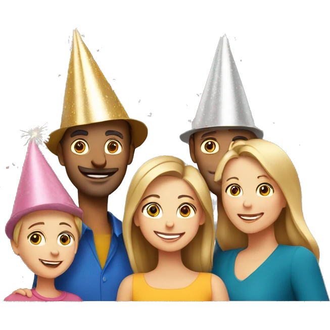 european family of 4 people (mom dad and 2 kids) celebrate new year in birthday hats emoji