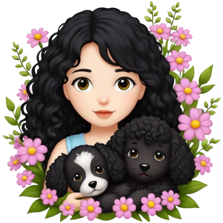 A girl with long black hair is holding a black curly-haired teddy dog ​​in the flowers emoji