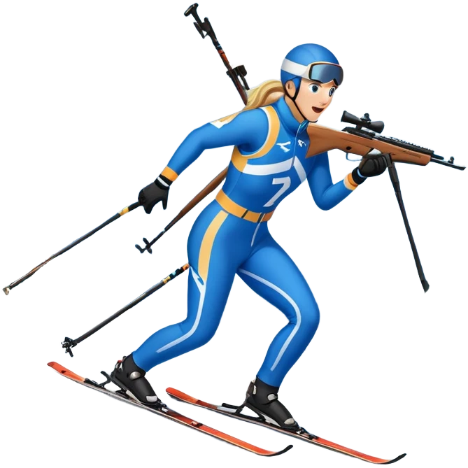 An icon showing a biathlete skiing on a snow-covered Olympic track with a rifle on their back. Cheering fans fill the stands. Majestic mountains, snowy trees, and a bright blue sky complete the scenic winter landscape. Transparent background captures the spirit of biathlon. emoji