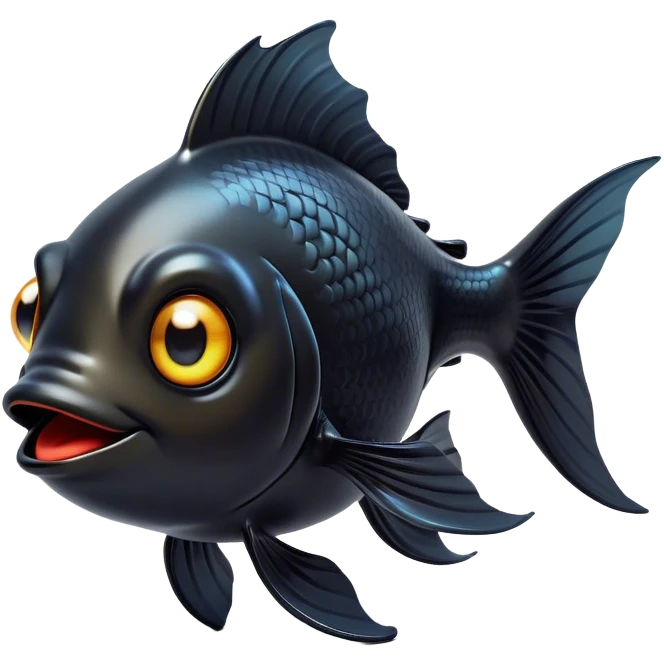 Cinematic Comical Black Goldfish Portrait Emoji, Head tilted dramatically with an exaggeratedly amused expression, featuring a striking, glossy deep black body with vibrant, fluttering fins, wide, expressive golden eyes filled with playful disbelief, Simplified yet hilariously expressive features, highly detailed, glowing with a slightly sassy glow, high shine, dramatic yet playful, stylized with an air of cheeky mischief, bright and endearing, soft glowing outline, capturing the essence of a spirited and over-the-top goldfish, so meme-worthy it feels like it could side-eye its way into internet fame instantly! emoji