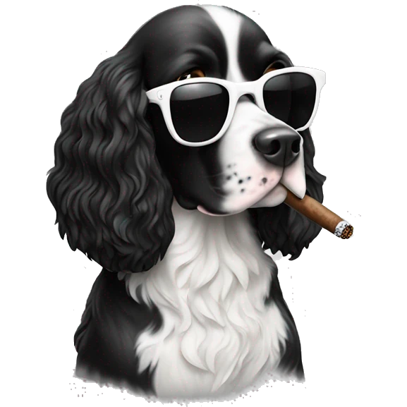 black and white Springer spaniel in sunglasses smoking a cigar emoji